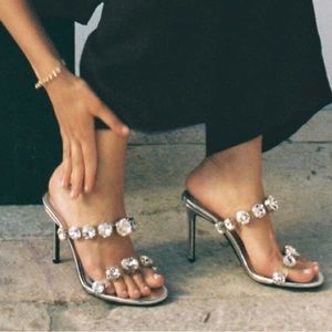 ZARA Silver Trimmed Vinyl Rhinestones Bauble Mules Heels SZ 39 NEW